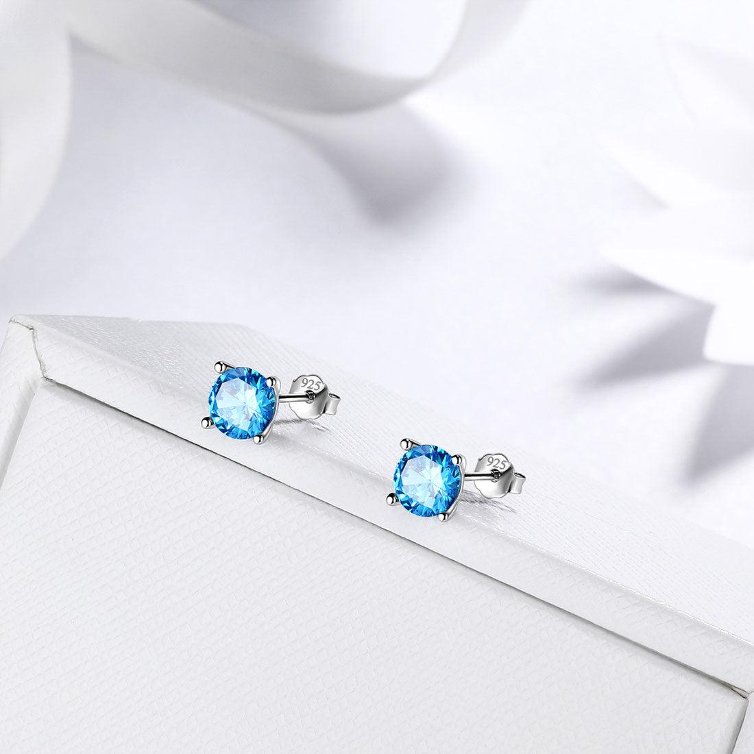 Tokyo Mart Round Birthstone March Aquamarine Earrings Stud Women Girls Jewelry Birthday Gift Sterling Silver