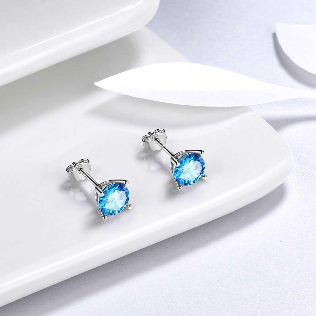 Tokyo Mart Round Birthstone March Aquamarine Earrings Stud Women Girls Jewelry Birthday Gift Sterling Silver