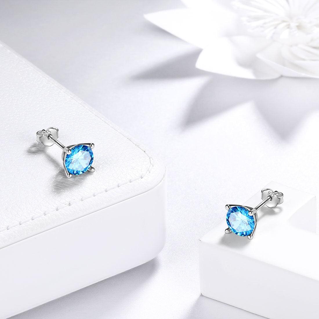 Tokyo Mart Round Birthstone March Aquamarine Earrings Stud Women Girls Jewelry Birthday Gift Sterling Silver