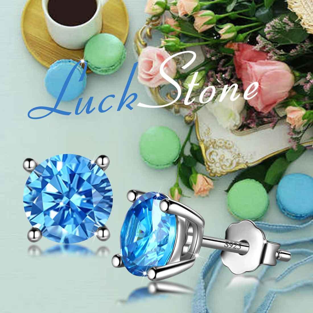 Tokyo Mart Round Birthstone March Aquamarine Earrings Stud Women Girls Jewelry Birthday Gift Sterling Silver