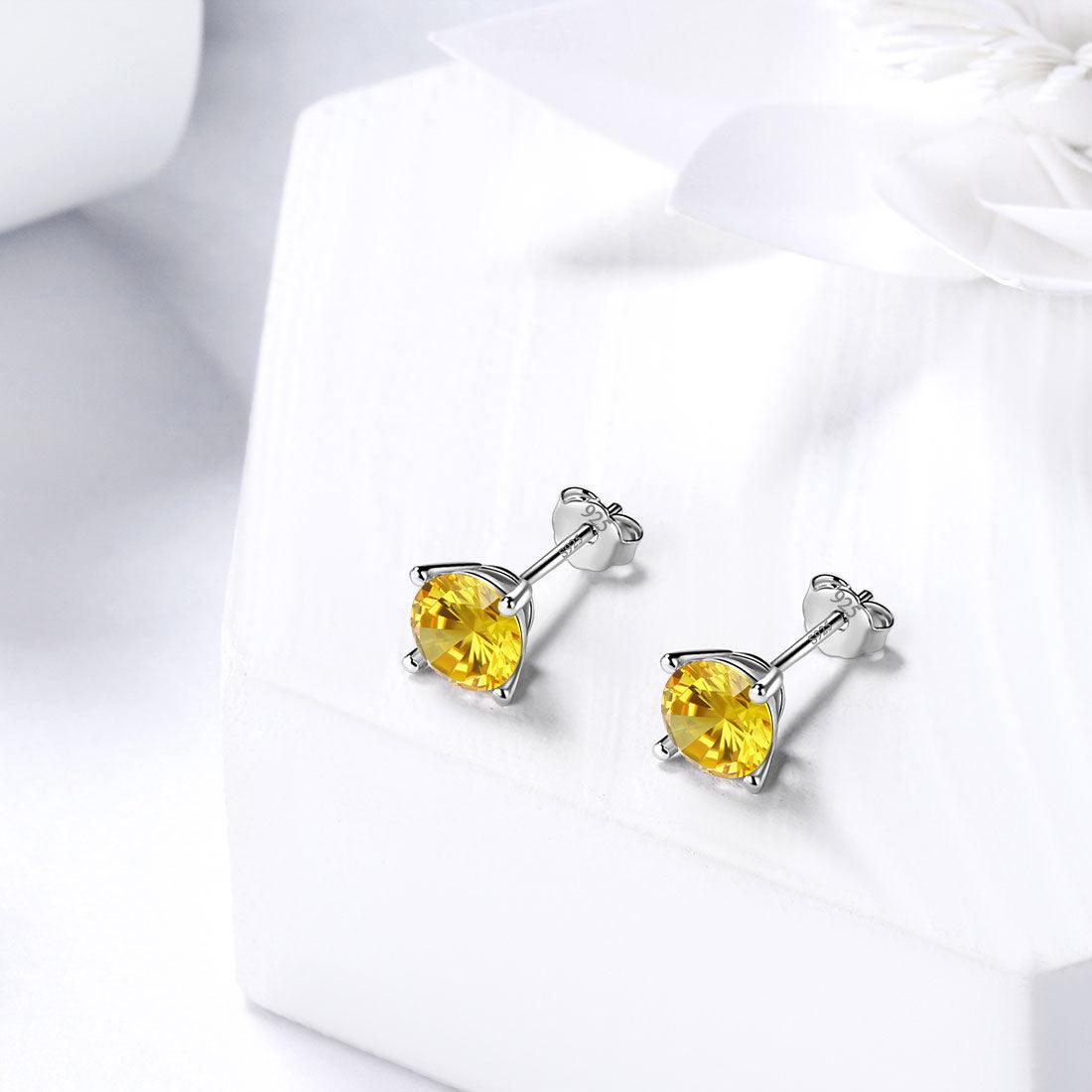 Tokyo Mart Round Birthstone November Citrine Earrings Stud Women Girls Jewelry Birthday Gift Sterling Silver