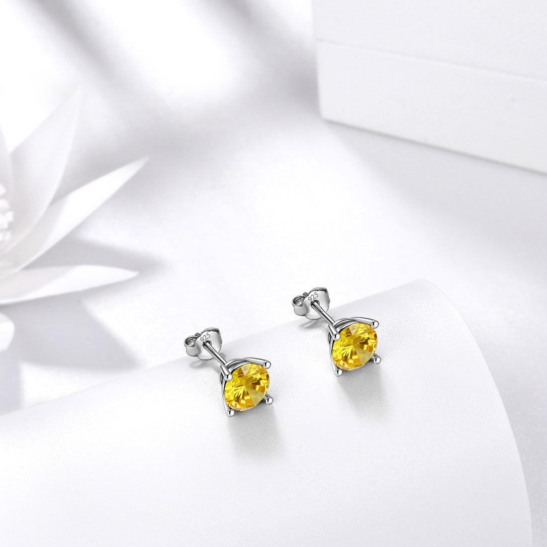 Tokyo Mart Round Birthstone November Citrine Earrings Stud Women Girls Jewelry Birthday Gift Sterling Silver