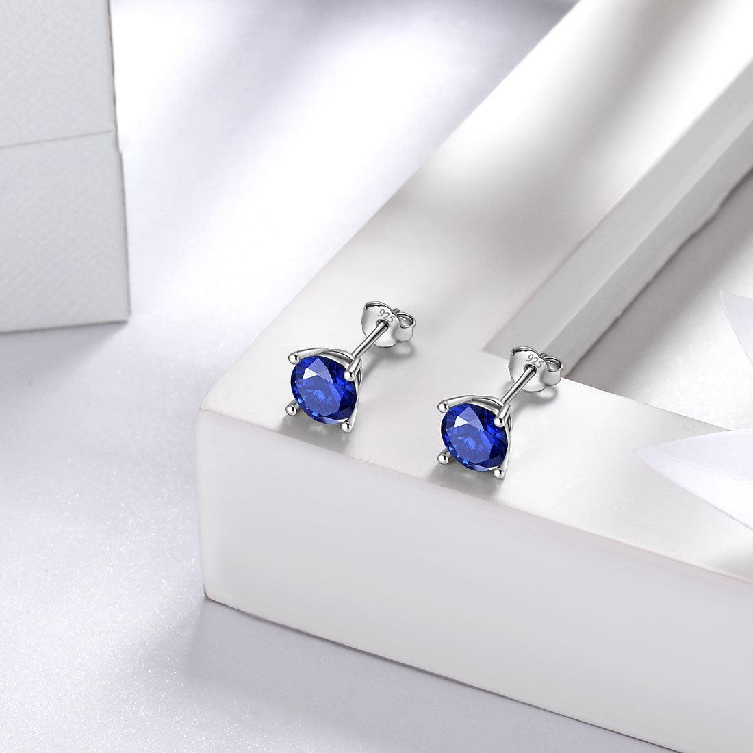 Tokyo Mart Round Birthstone September Sapphire Earrings Stud Women Girls Jewelry Birthday Gift Sterling Silver