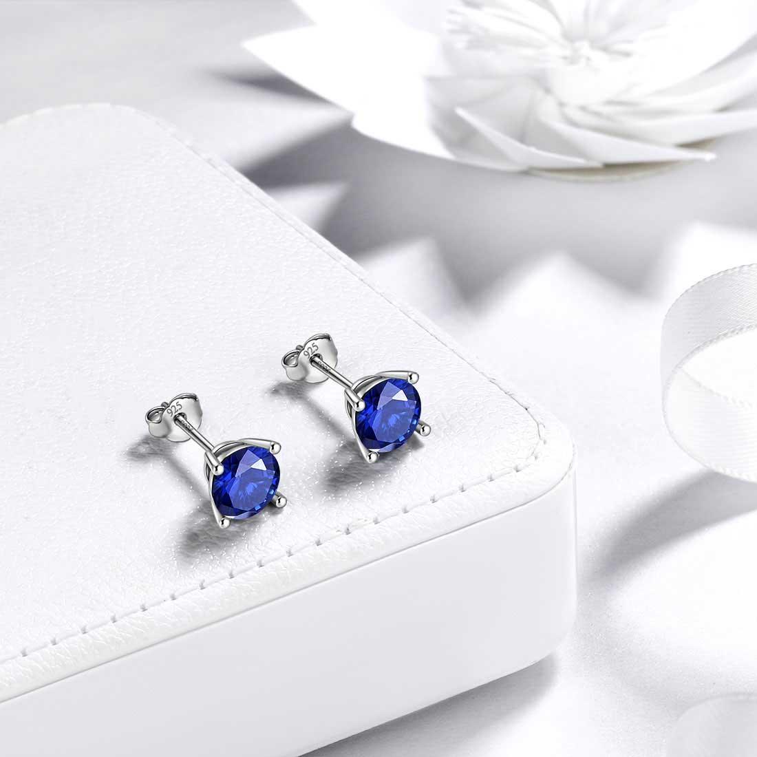 Tokyo Mart Round Birthstone September Sapphire Earrings Stud Women Girls Jewelry Birthday Gift Sterling Silver