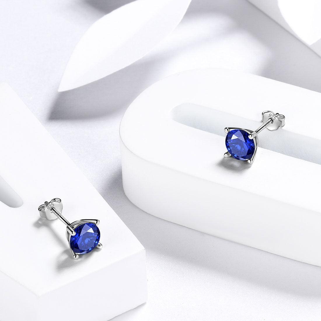 Tokyo Mart Round Birthstone September Sapphire Earrings Stud Women Girls Jewelry Birthday Gift Sterling Silver