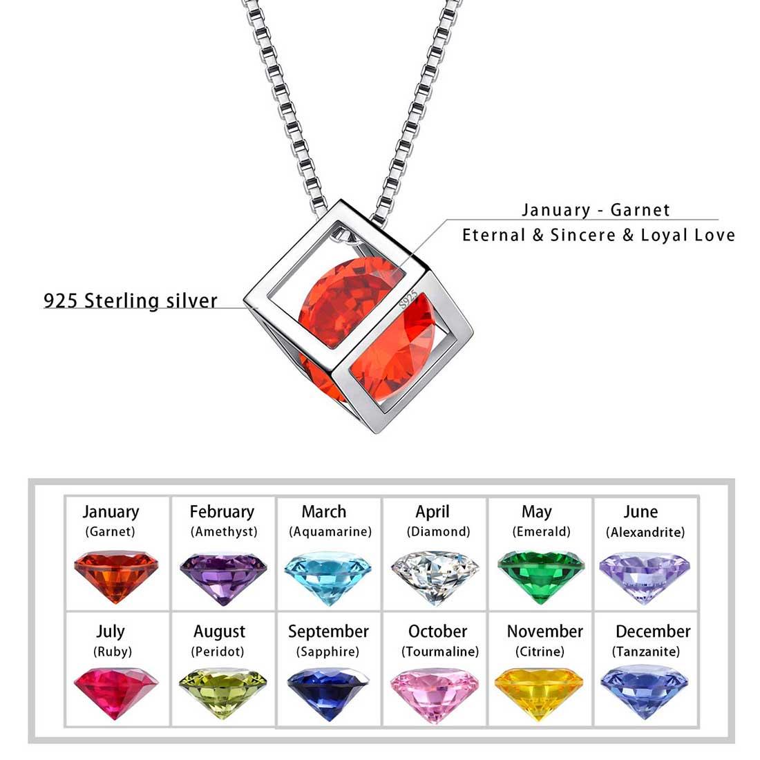 Tokyo Mart 3D Cube Birthstone January Garnet Necklace Pendant Women Girls Jewelry Birthday Gift Sterling Silver