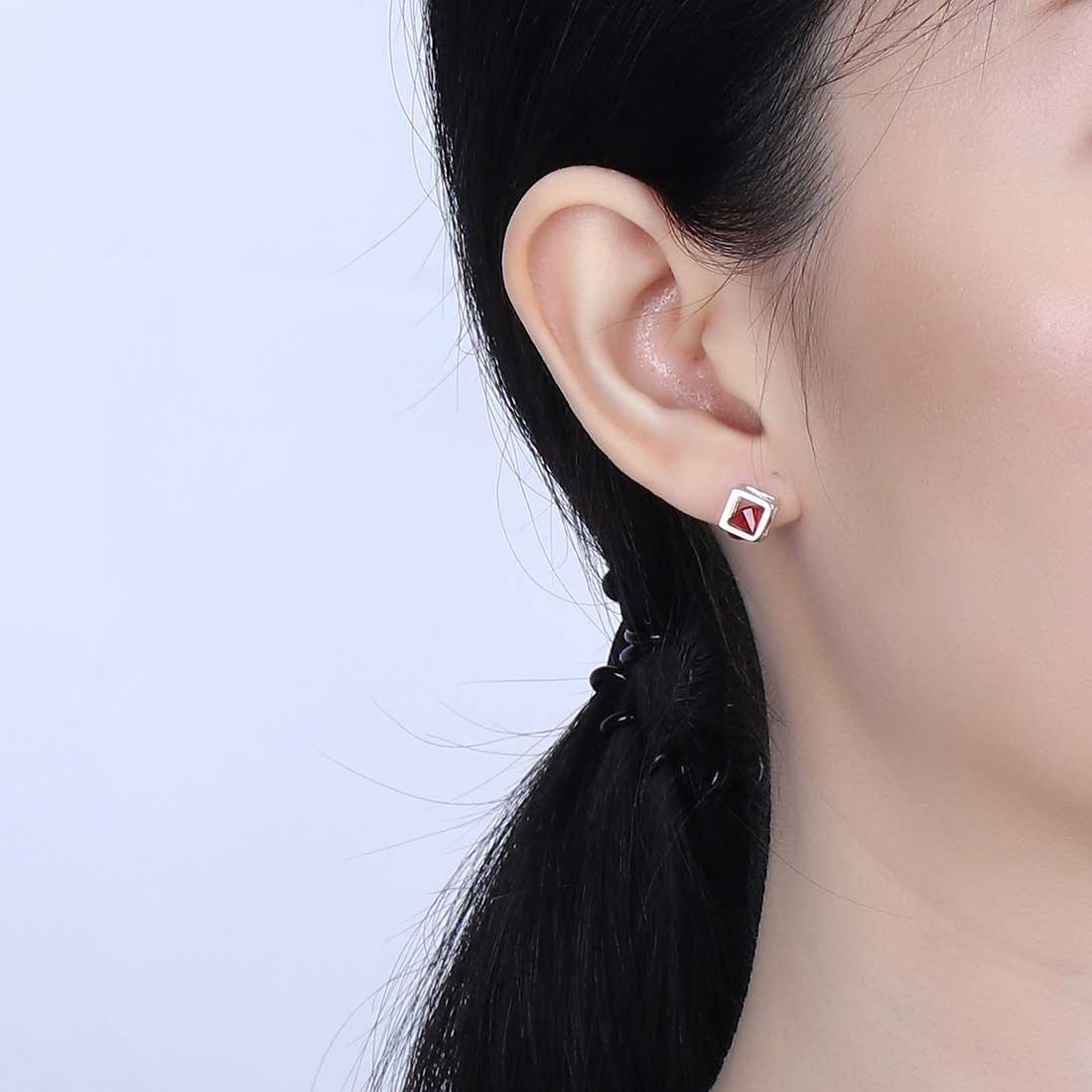 Tokyo Mart 3D Cube Birthstone January Garnet Earrings Stud Women Girls Jewelry Birthday Gift Sterling Silver