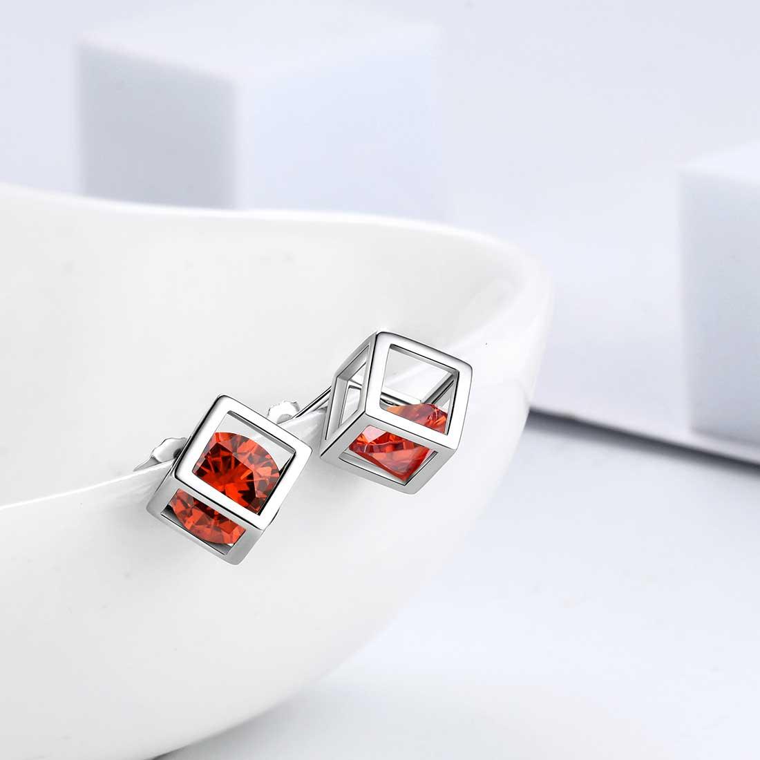 Tokyo Mart 3D Cube Birthstone January Garnet Earrings Stud Women Girls Jewelry Birthday Gift Sterling Silver