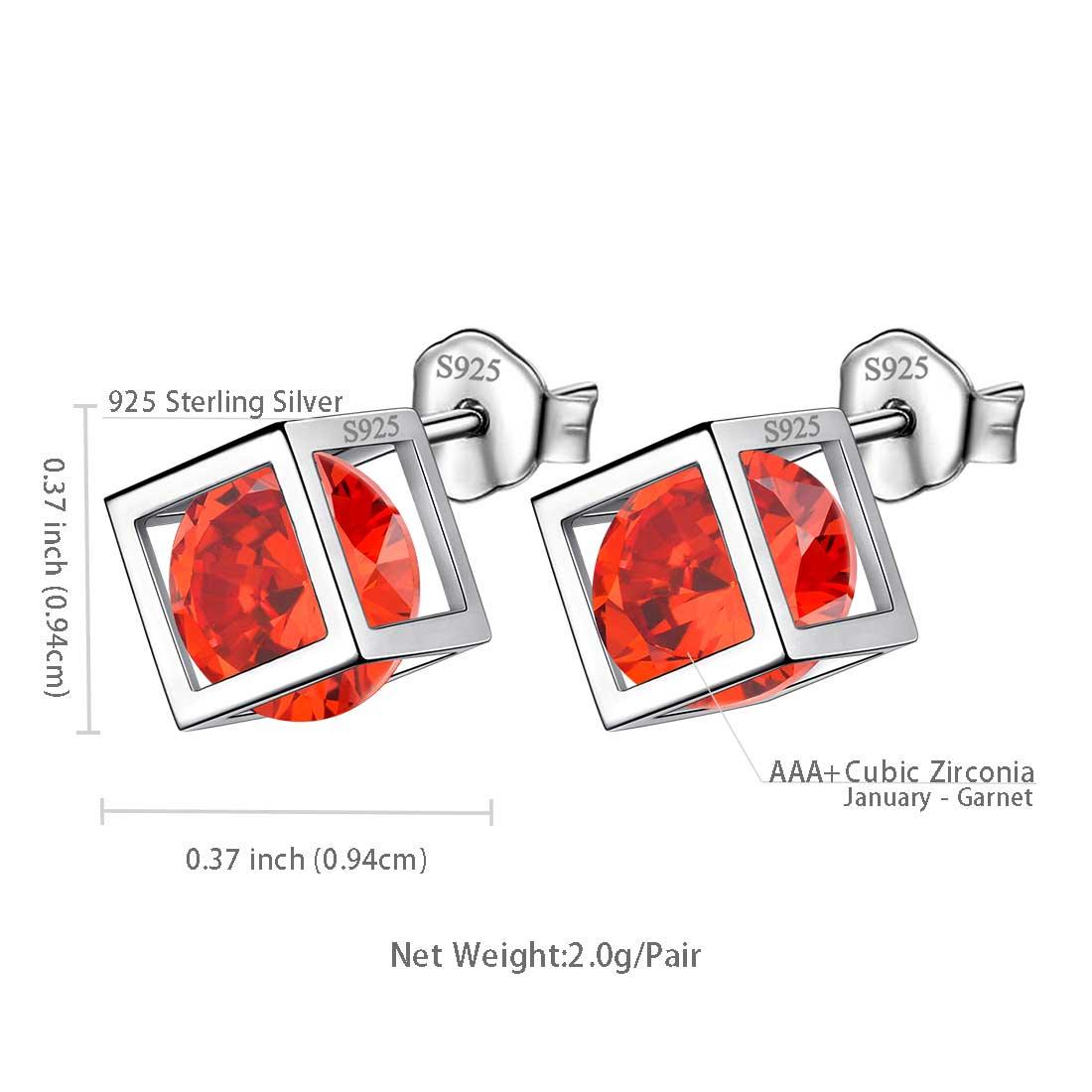 Tokyo Mart 3D Cube Birthstone January Garnet Earrings Stud Women Girls Jewelry Birthday Gift Sterling Silver