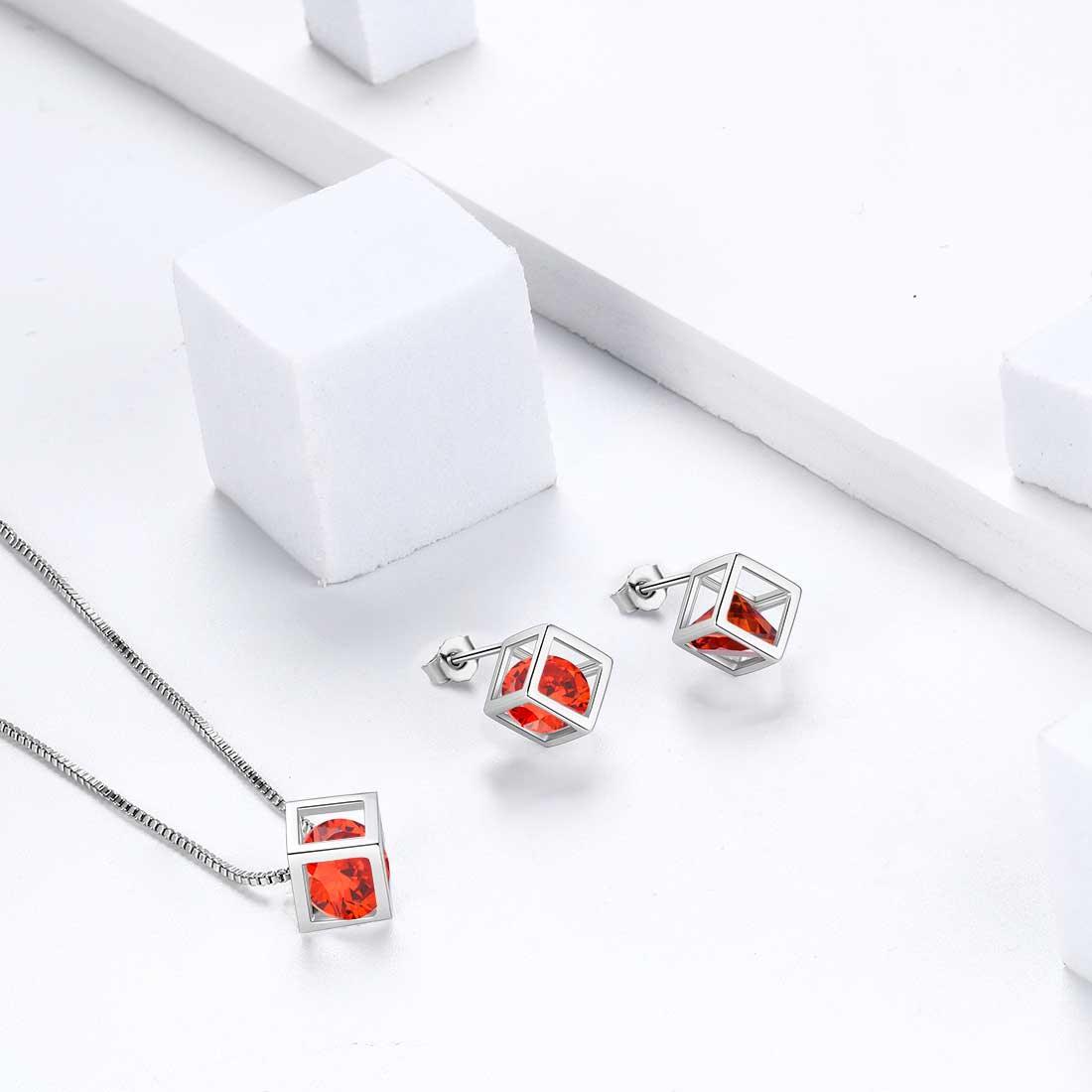 Tokyo Mart 3D Cube Birthstone January Garnet Earrings Stud Women Girls Jewelry Birthday Gift Sterling Silver