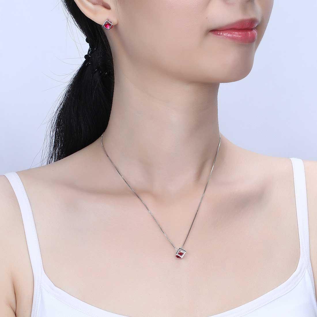 Tokyo Mart 3D Cube Birthstone July Ruby Jewelry Set 3PCS Women Girls Birthday Gift