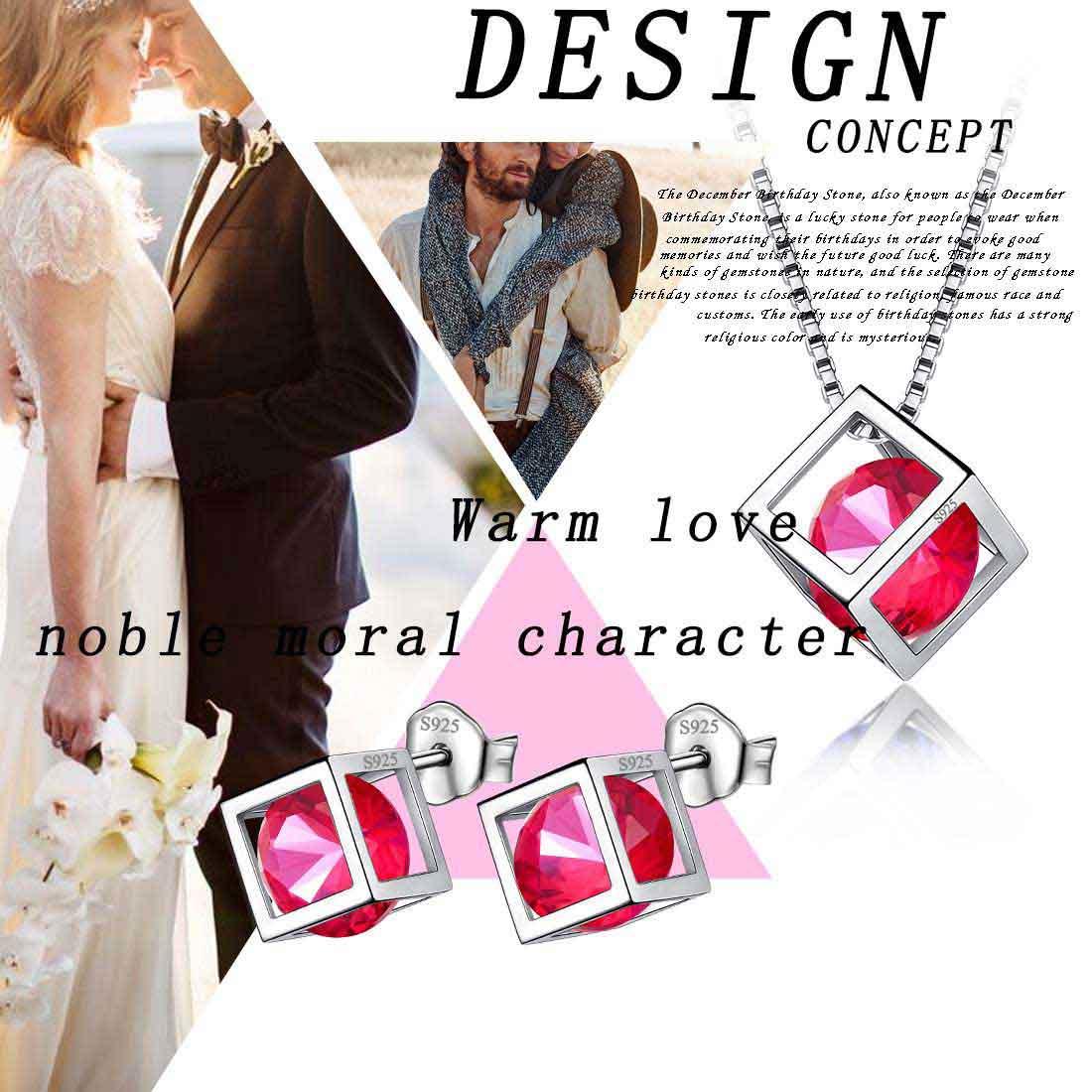 Tokyo Mart 3D Cube Birthstone July Ruby Jewelry Set 3PCS Women Girls Birthday Gift