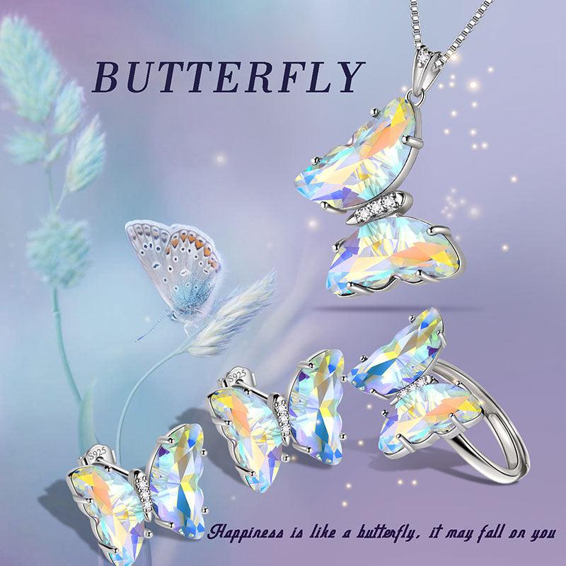 Tokyo Mart 925 Sterling Silver Butterfly Jewelry Set 4PCS Birthstone Crystal Women Jewelry Gifts