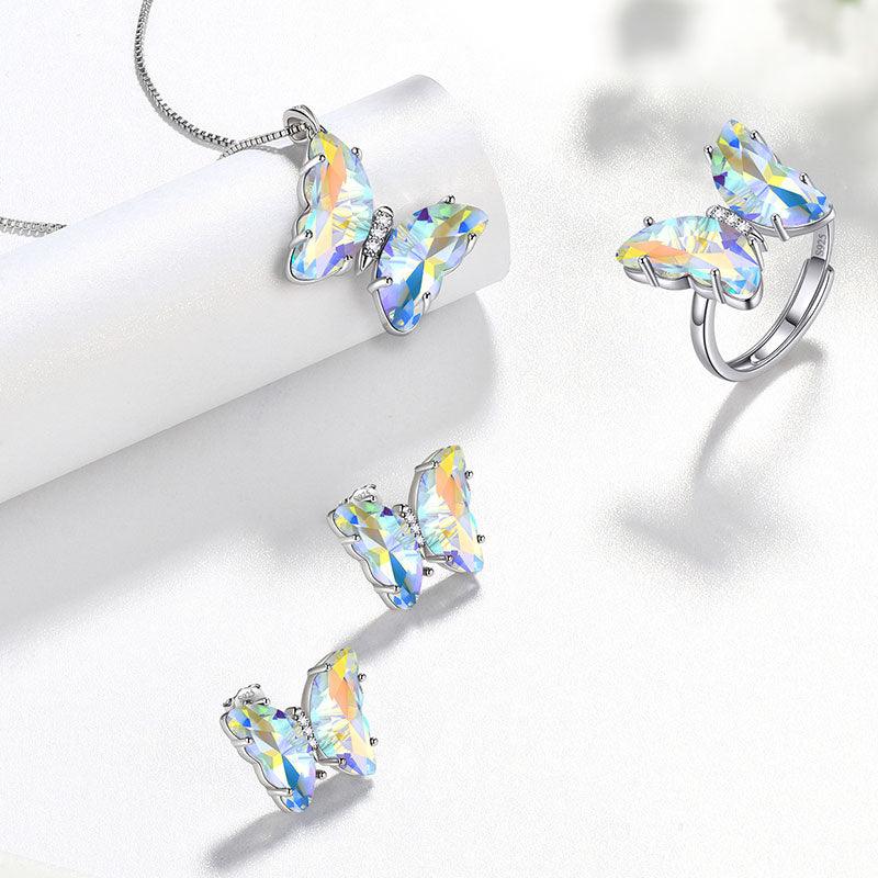 Tokyo Mart 925 Sterling Silver Butterfly Jewelry Set 4PCS Birthstone Crystal Women Jewelry Gifts
