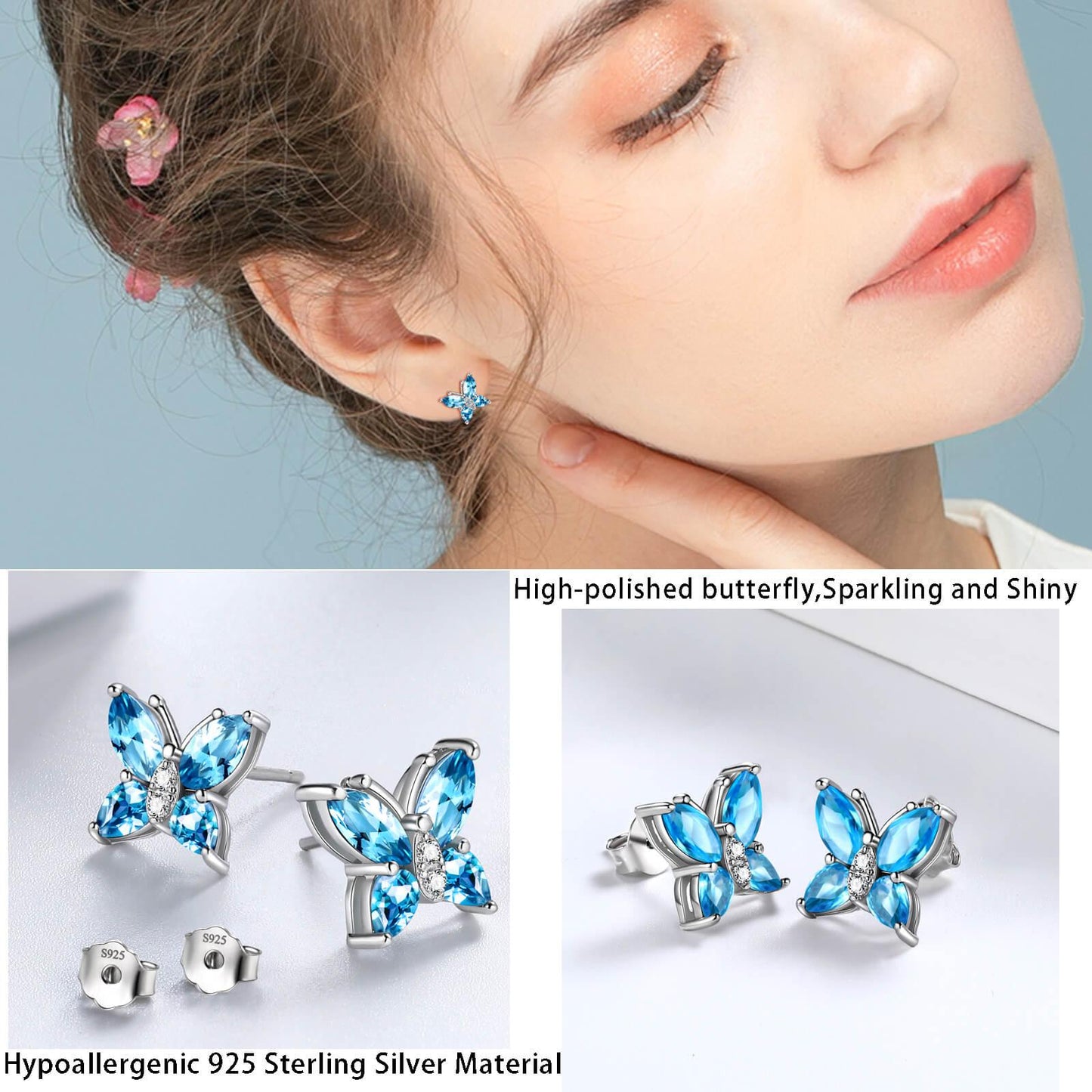 Tokyo Mart Women Stud Earrings Butterfly Birthstone March Aquamarine Girls Jewelry Birthday Gift