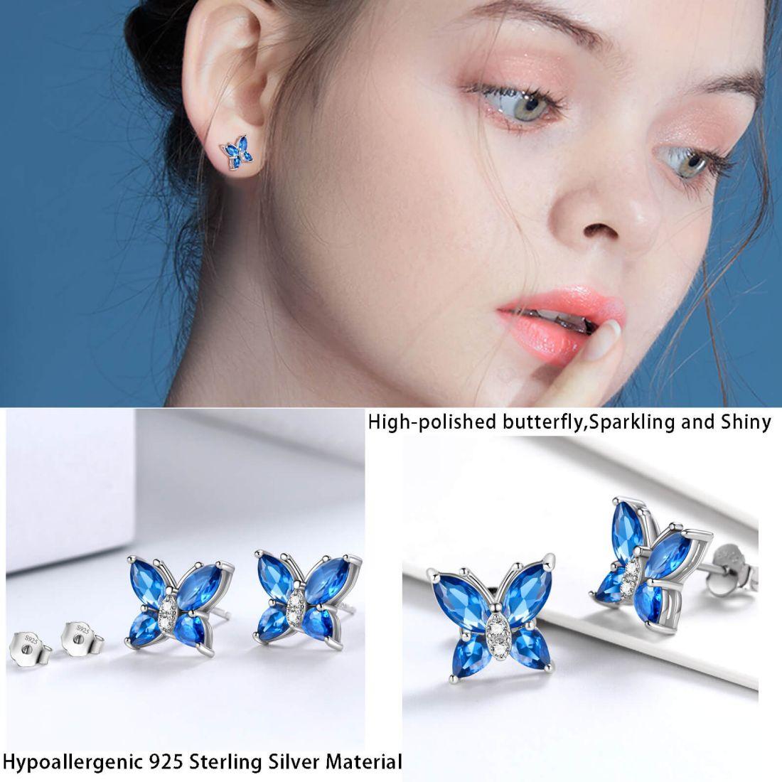 Tokyo Mart Women Stud Earrings Butterfly Birthstone September Sapphire Girls Jewelry Birthday Gift