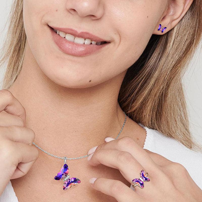 Tokyo Mart 925 Sterling Silver Butterfly Jewelry Set 4PCS Birthstone Crystal Women Jewelry Gifts