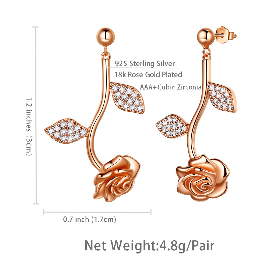 Tokyo Mart Rose Flower Drop Earrings Women Jewelry 925 Sterling Silver Fine Jewelry