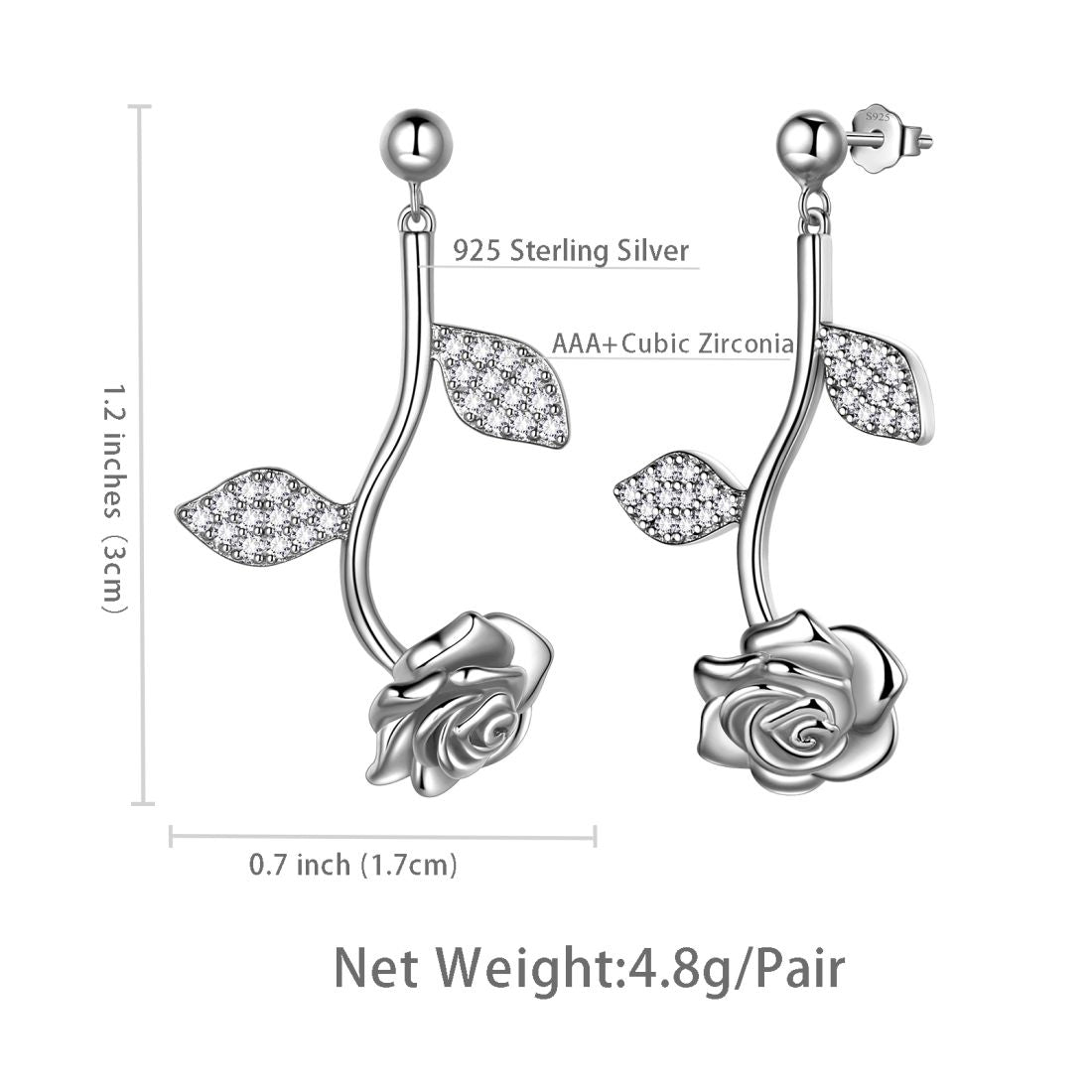 Tokyo Mart Rose Flower Drop Earrings Women Jewelry 925 Sterling Silver Fine Jewelry