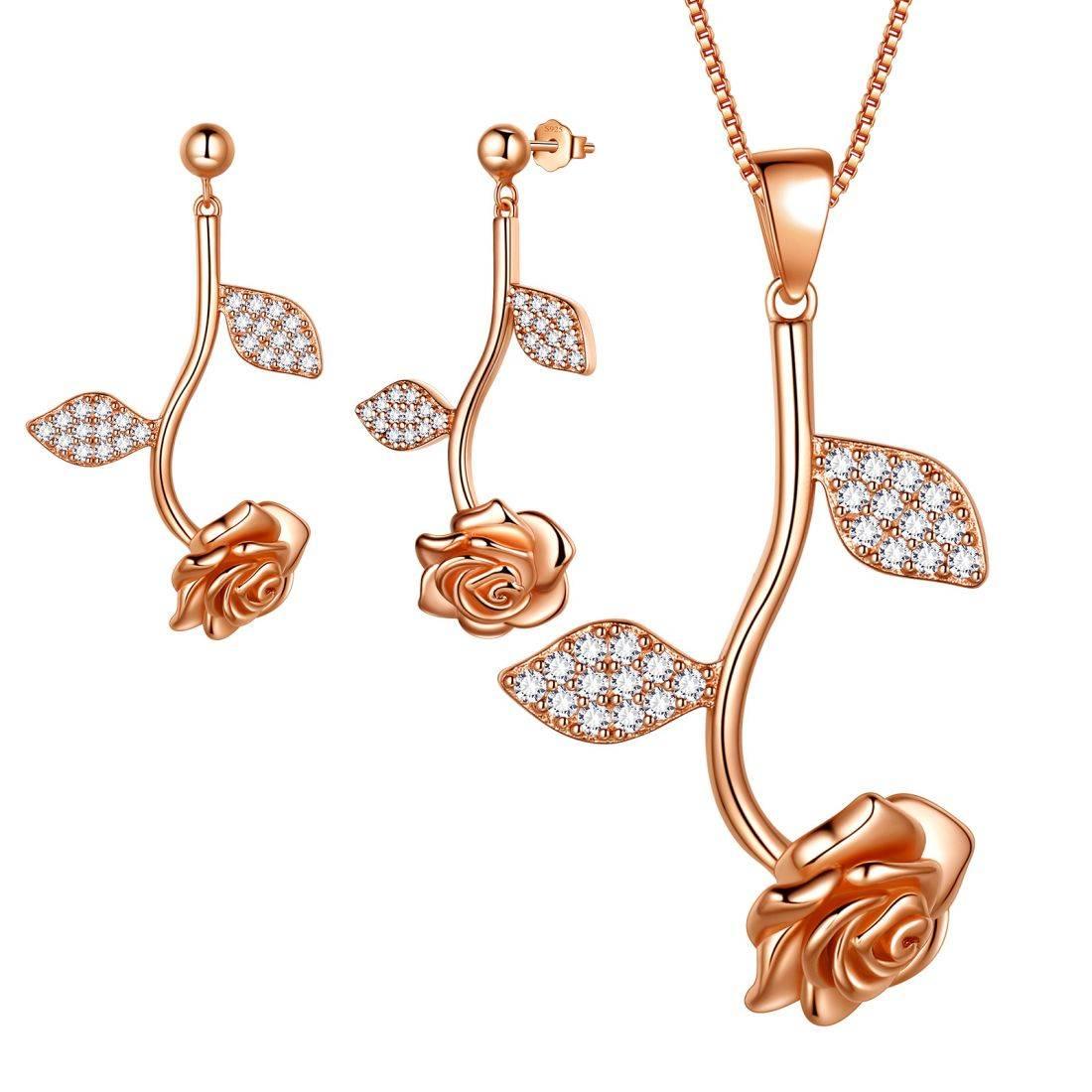 Tokyo Mart Rose Flower Jewelry Set Necklace Earrings Women Jewelry 925 Sterling Silver