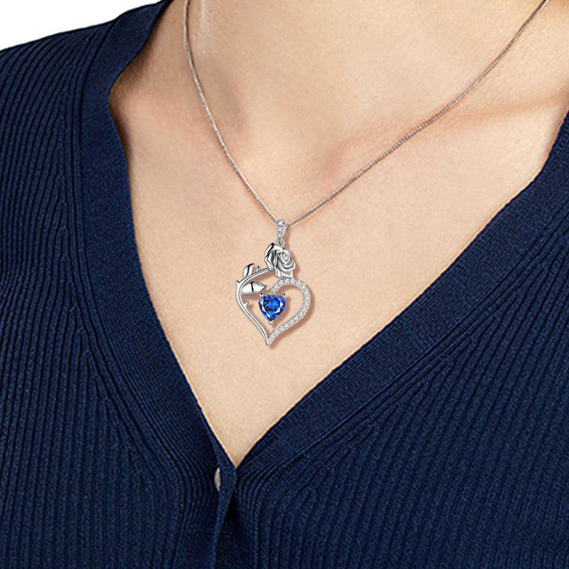 Tokyo Mart September Sapphire Necklace Women Heart Birthstone Pendant Flower Rose Jewelry Birthday Gifts