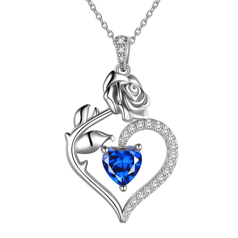 Tokyo Mart September Sapphire Necklace Women Heart Birthstone Pendant Flower Rose Jewelry Birthday Gifts