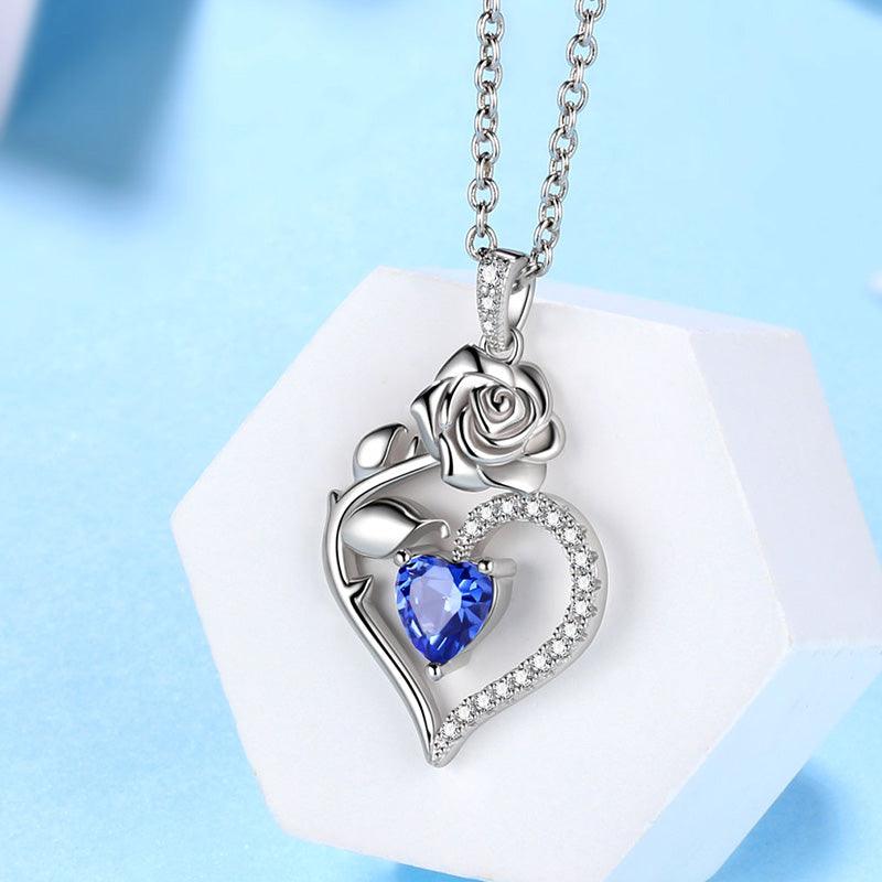 Tokyo Mart September Sapphire Necklace Women Heart Birthstone Pendant Flower Rose Jewelry Birthday Gifts