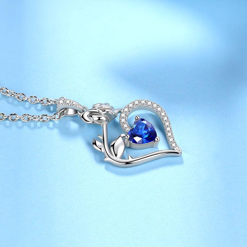 Tokyo Mart September Sapphire Necklace Women Heart Birthstone Pendant Flower Rose Jewelry Birthday Gifts