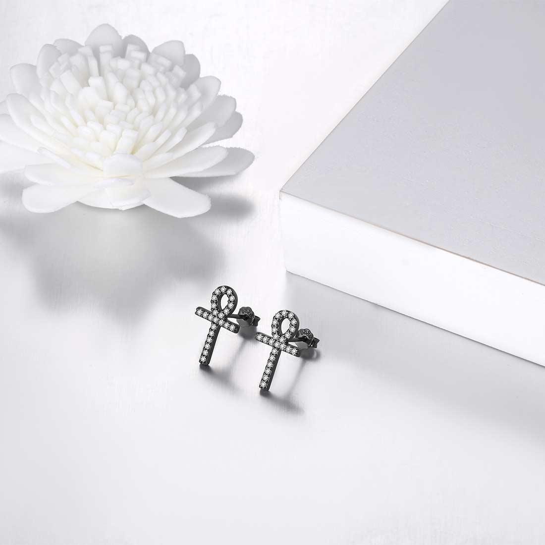 Tokyo Mart Small Ankh Cross Stud Earrings Women Mens Jewelry Sterling Silver