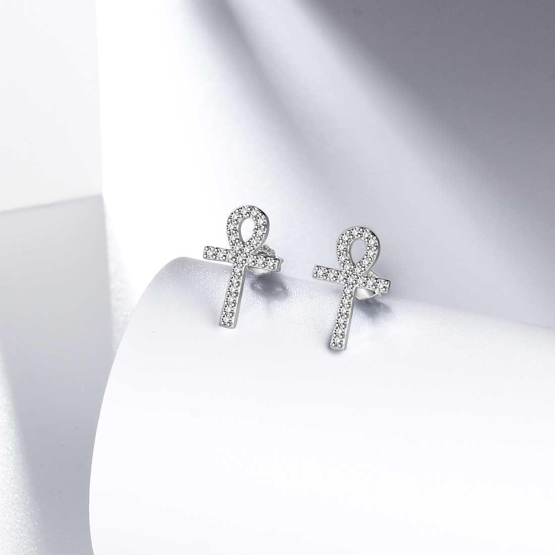 Tokyo Mart Small Ankh Cross Stud Earrings Women Mens Jewelry Sterling Silver