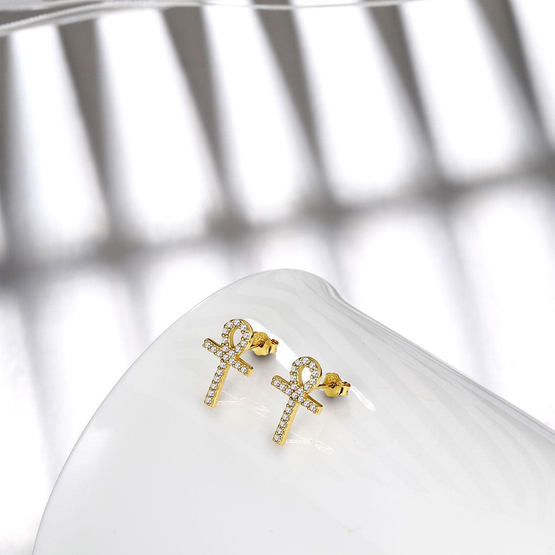Tokyo Mart Small Ankh Cross Stud Earrings Women Mens Jewelry Sterling Silver