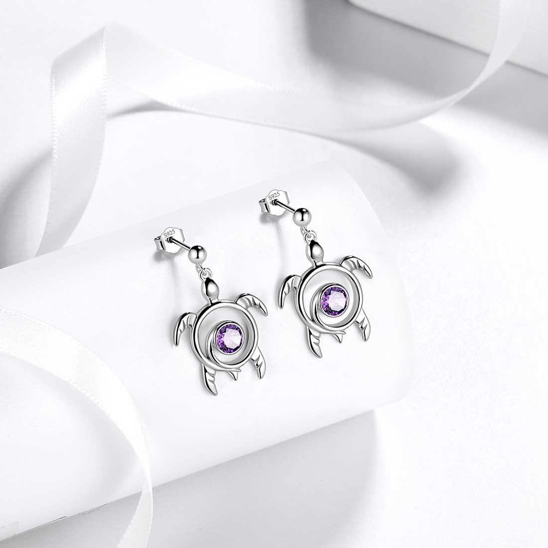 Tokyo Mart Turtle Birthstone February Amethyst Earrings Dangle Women Girls Jewelry Birthday Gift Sterling Silver