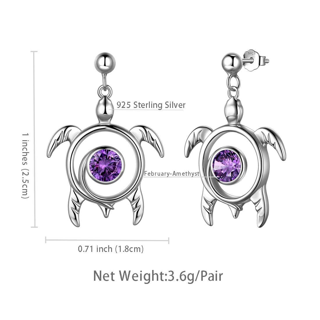 Tokyo Mart Turtle Birthstone February Amethyst Earrings Dangle Women Girls Jewelry Birthday Gift Sterling Silver