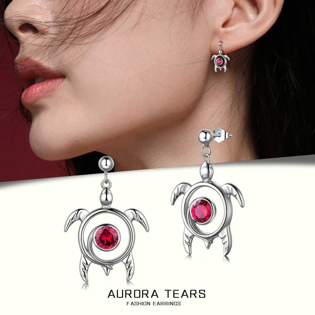 Tokyo Mart Turtle Birthstone July Ruby Earrings Dangle Women Girls Jewelry Birthday Gift Sterling Silver