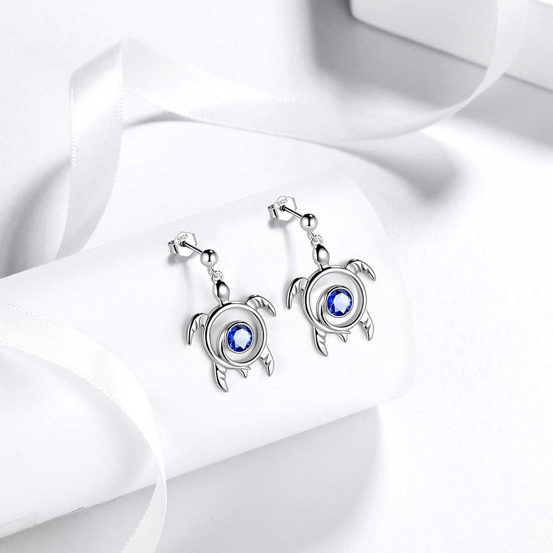 Tokyo Mart Turtle Birthstone September Sapphire Earrings Dangle Women Girls Jewelry Birthday Gift Sterling Silver