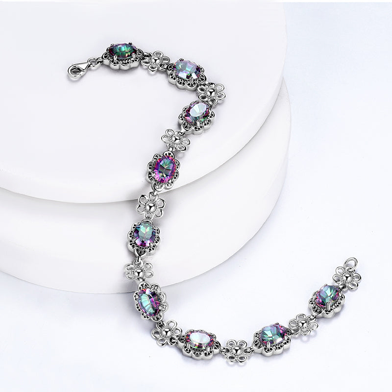 Tokyo Mart Women Vintage Tennis Bracelet Rainbow Mystic Topaz Jewelry Flower Oval Girls Gifts 925 Sterling Silver