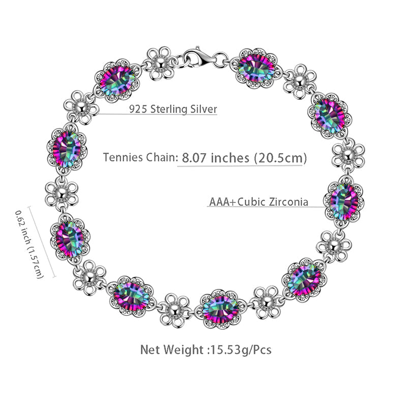 Tokyo Mart Women Vintage Tennis Bracelet Rainbow Mystic Topaz Jewelry Flower Oval Girls Gifts 925 Sterling Silver
