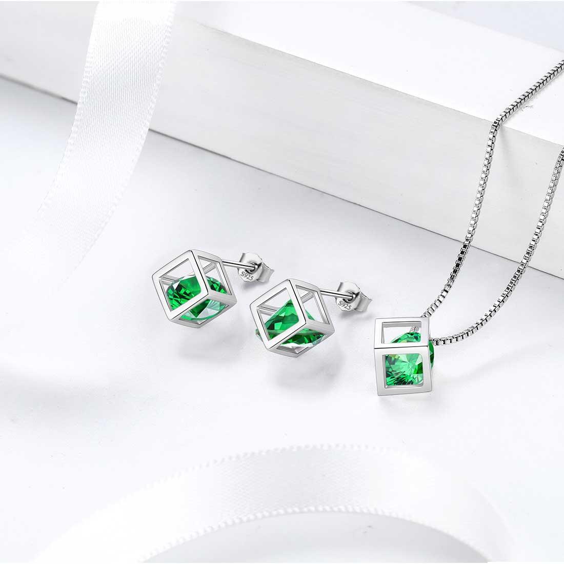 Tokyo Mart 3D Cube Birthstone May Emerald Jewelry Set 3PCS Women Girls Birthday Gift