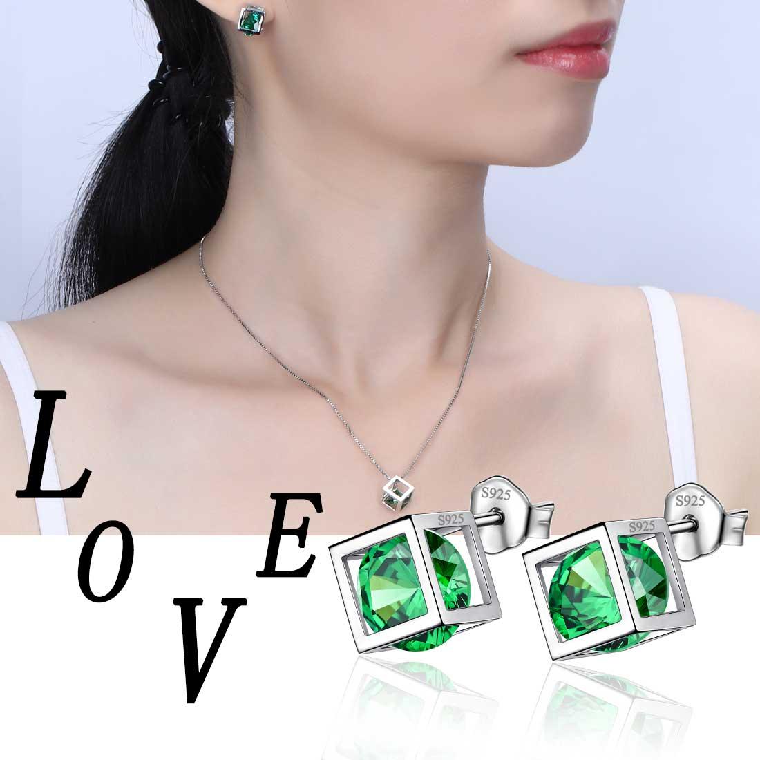 Tokyo Mart 3D Cube Birthstone May Emerald Jewelry Set 3PCS Women Girls Birthday Gift