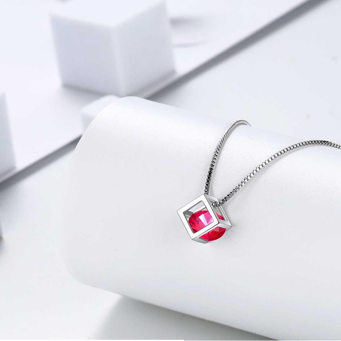 Tokyo Mart 3D Cube Birthstone July Ruby Necklace Pendant Women Girls Jewelry Birthday Gift Sterling Silver