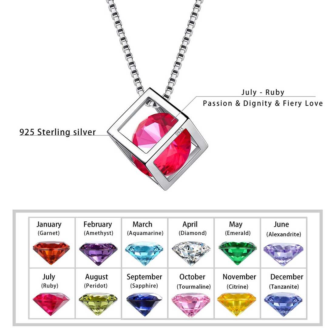 Tokyo Mart 3D Cube Birthstone July Ruby Necklace Pendant Women Girls Jewelry Birthday Gift Sterling Silver