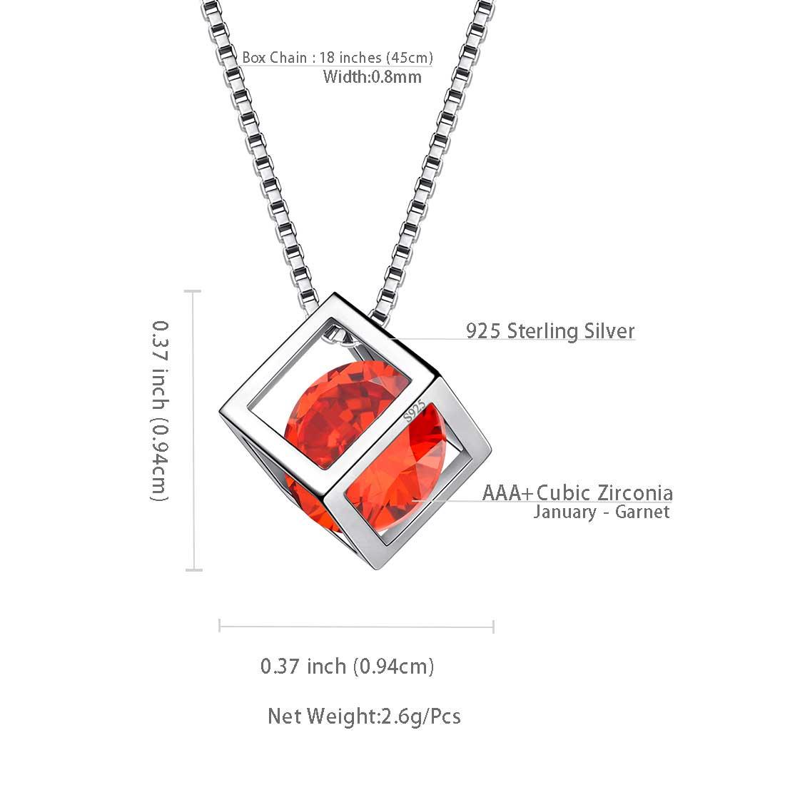 Tokyo Mart 3D Cube Birthstone January Garnet Necklace Pendant Women Girls Jewelry Birthday Gift Sterling Silver