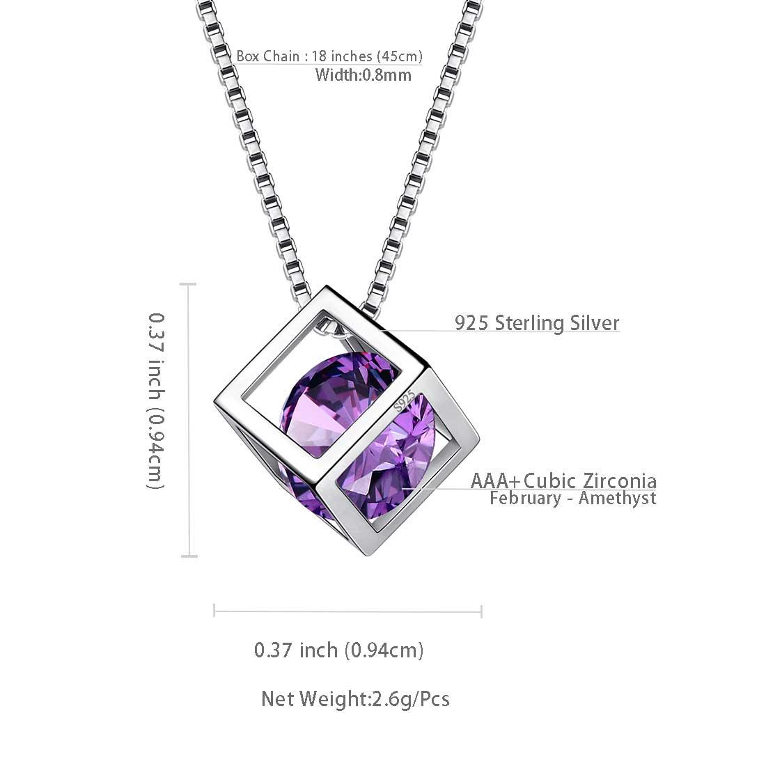Tokyo Mart 3D Cube Birthstone February Amethyst Necklace Pendant Women Girls Jewelry Birthday Gift Sterling Silver