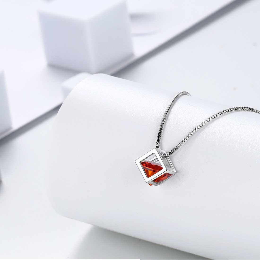 Tokyo Mart 3D Cube Birthstone January Garnet Necklace Pendant Women Girls Jewelry Birthday Gift Sterling Silver