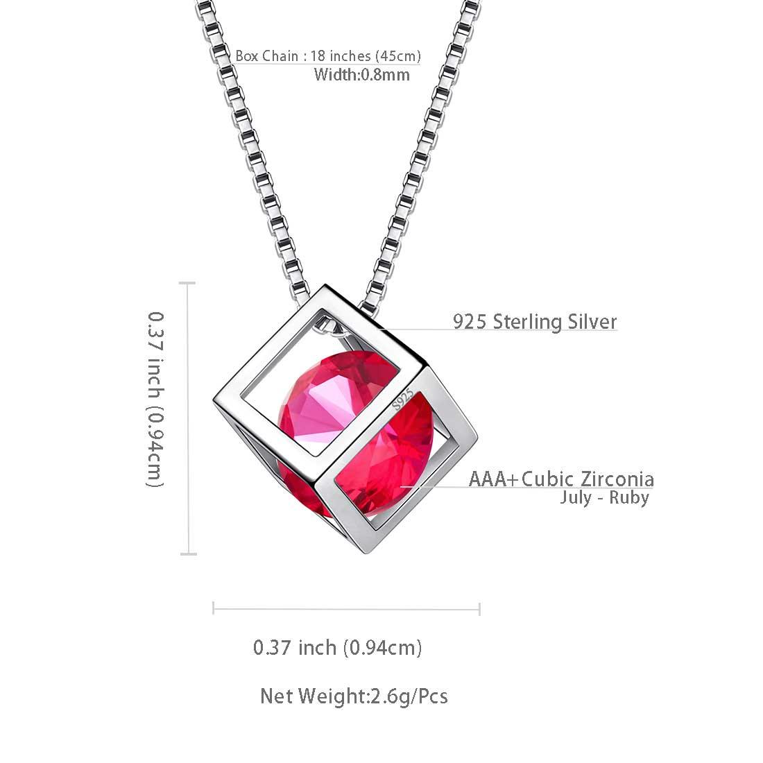 Tokyo Mart 3D Cube Birthstone July Ruby Necklace Pendant Women Girls Jewelry Birthday Gift Sterling Silver