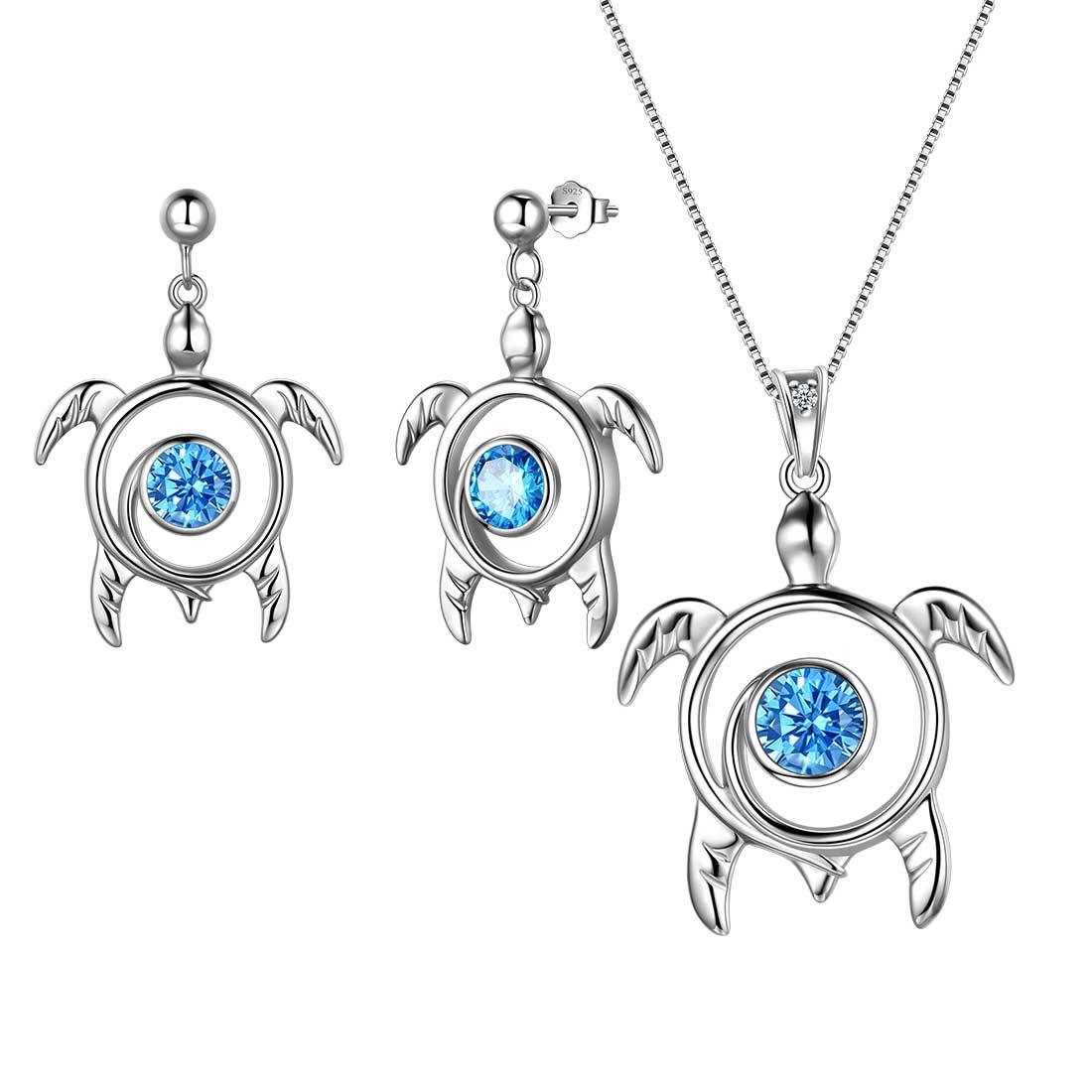 Tokyo Mart Turtle Birthstone March Aquamarine Jewelry Set 3PCS Women Girls Birthday Gift