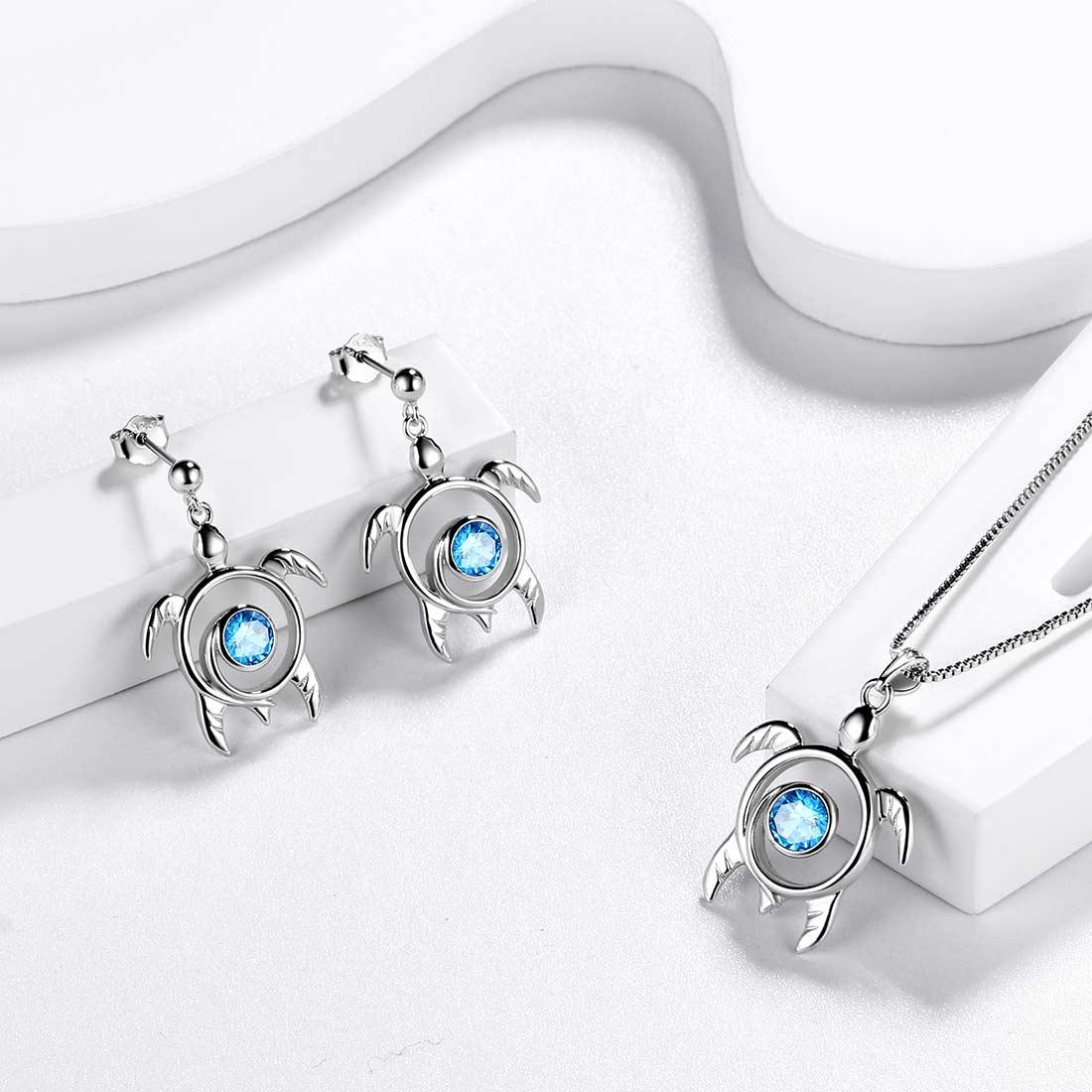 Tokyo Mart Turtle Birthstone March Aquamarine Jewelry Set 3PCS Women Girls Birthday Gift
