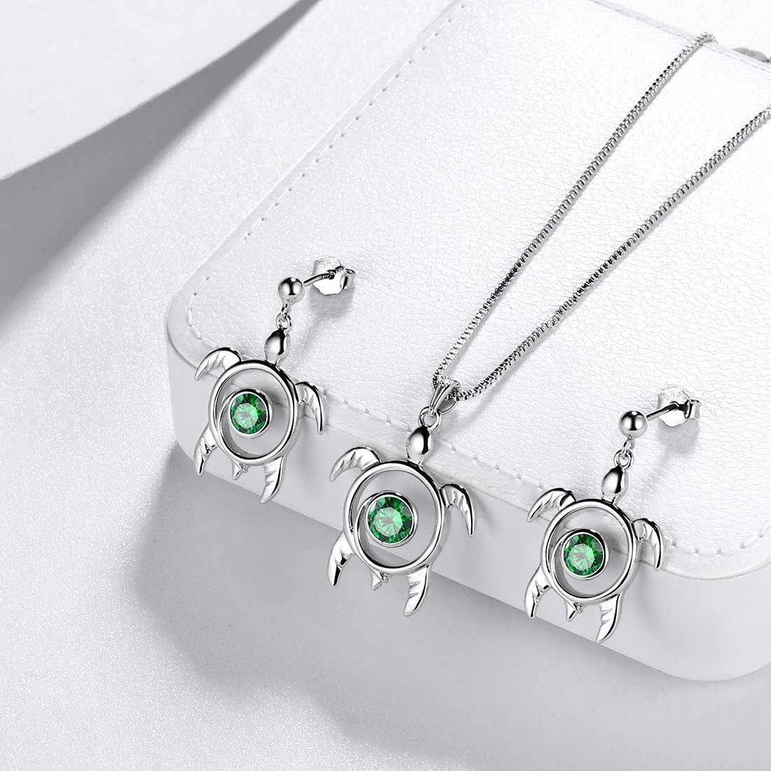 Tokyo Mart Turtle Birthstone May Emerald Jewelry Set 3PCS Women Girls Birthday Gift