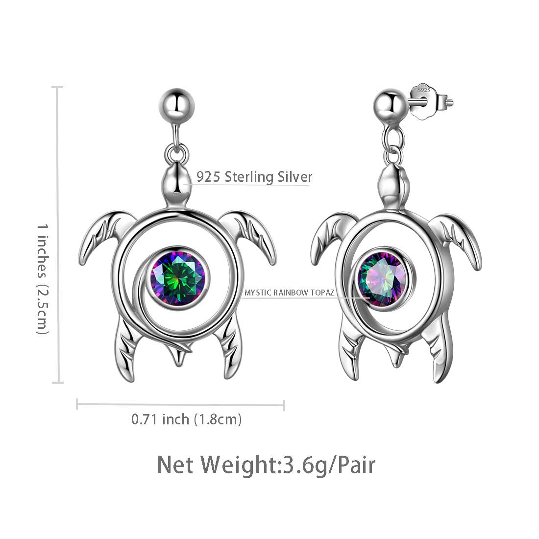 Tokyo Mart Turtle Rainbow Mystic Topaz Drop Earrings Women Girls Jewelry Gift Sterling Silver