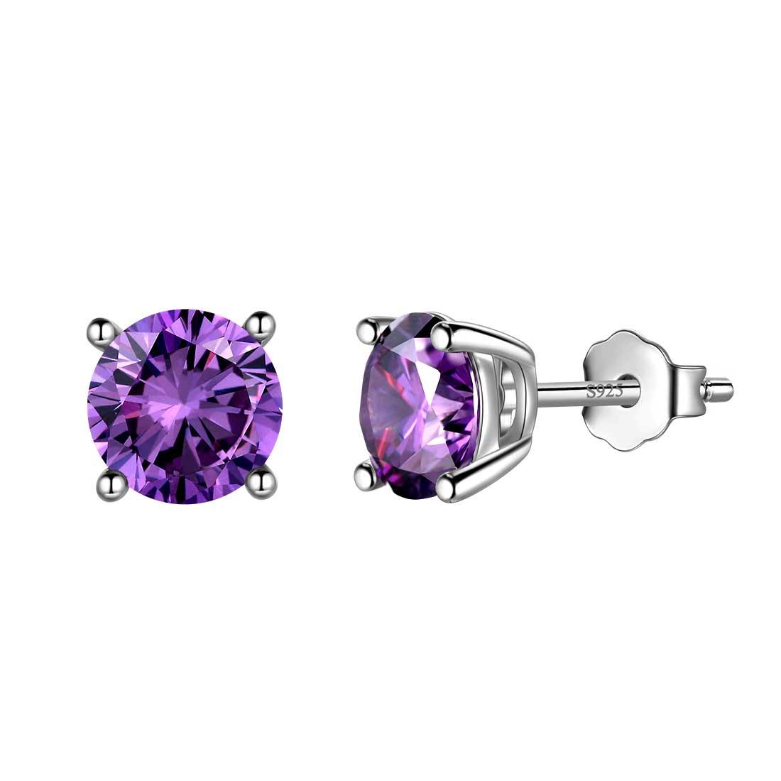 Tokyo Mart Ohrringe mit rundem Geburtsstein, Amethyst, für Damen und Mädchen, Sterling-Silber 925